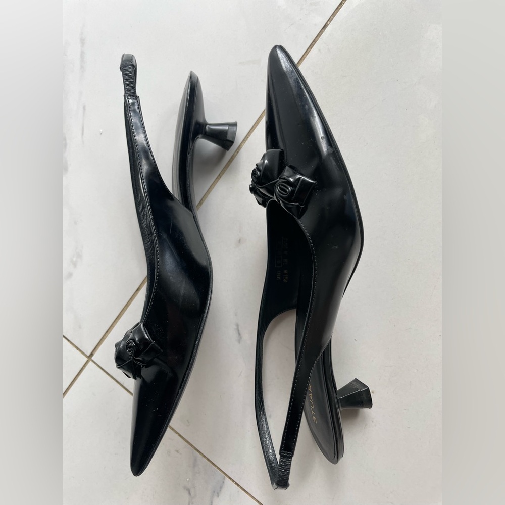 Stuart Weitzman Black Patent Slingback Pumps with Rosette